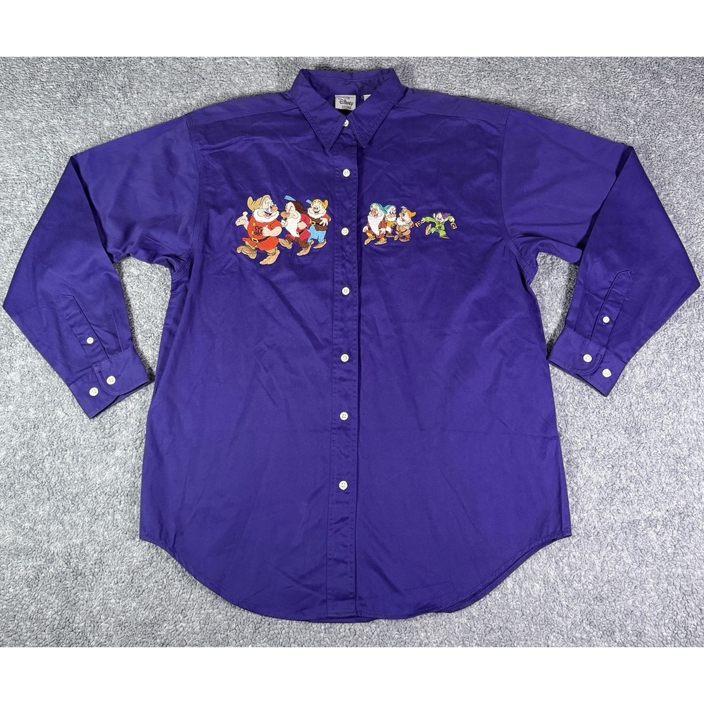 VTG 90s Disney Store Shirt Large Button Up Embroidered Seven Dwarfs Snow White‎
